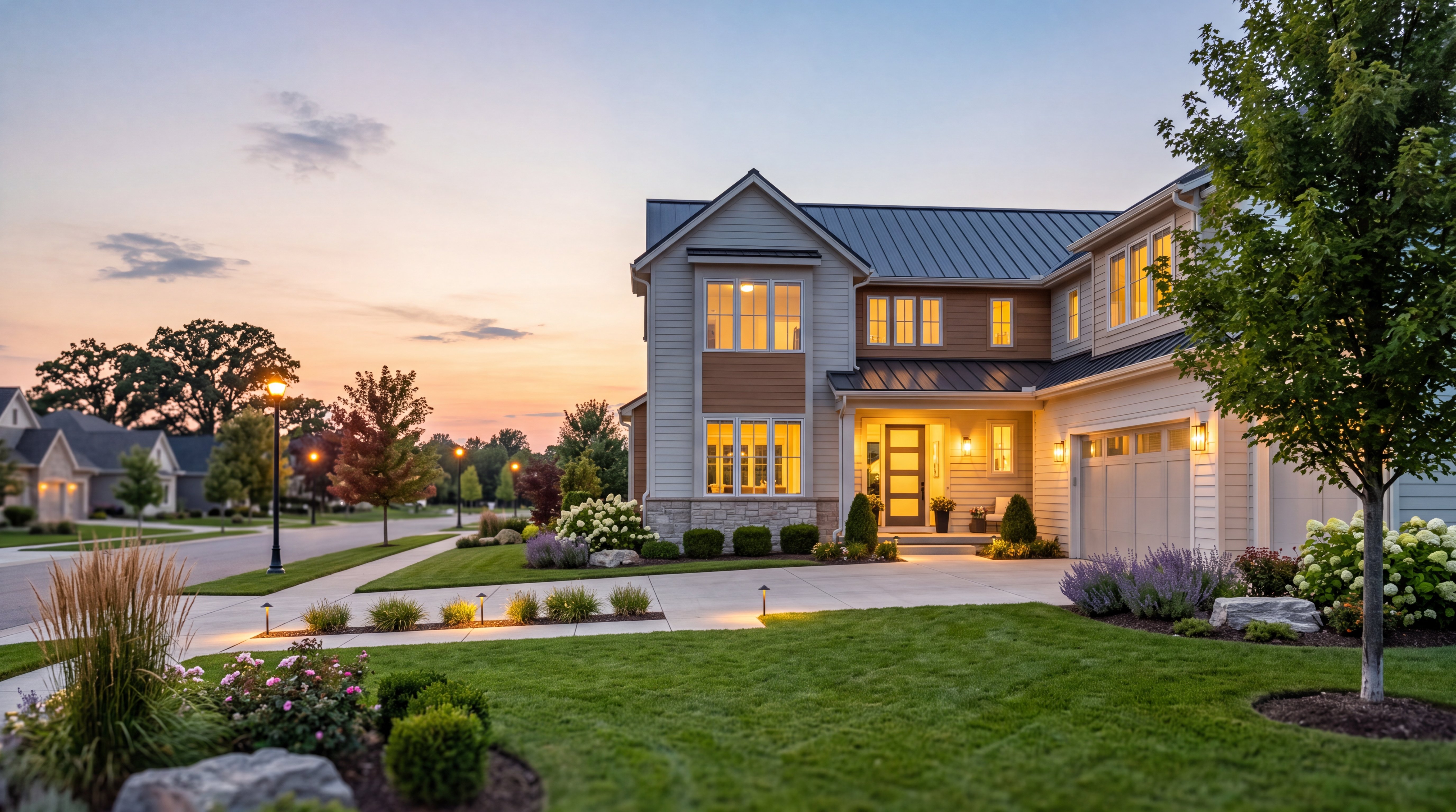 A beautiful, comfortable Oklahoma City home glowing warmly at dusk